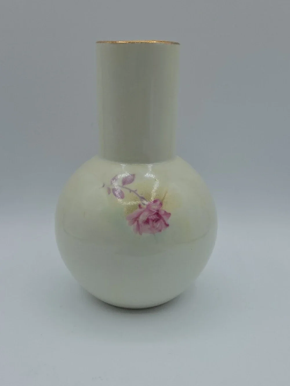 Cream Porcelain Vase with Pink Rose Motif and Gold Rim